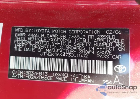 2007 Toyota Camry Le V6 from USA, damaged, VIN JTNBK46K473001532